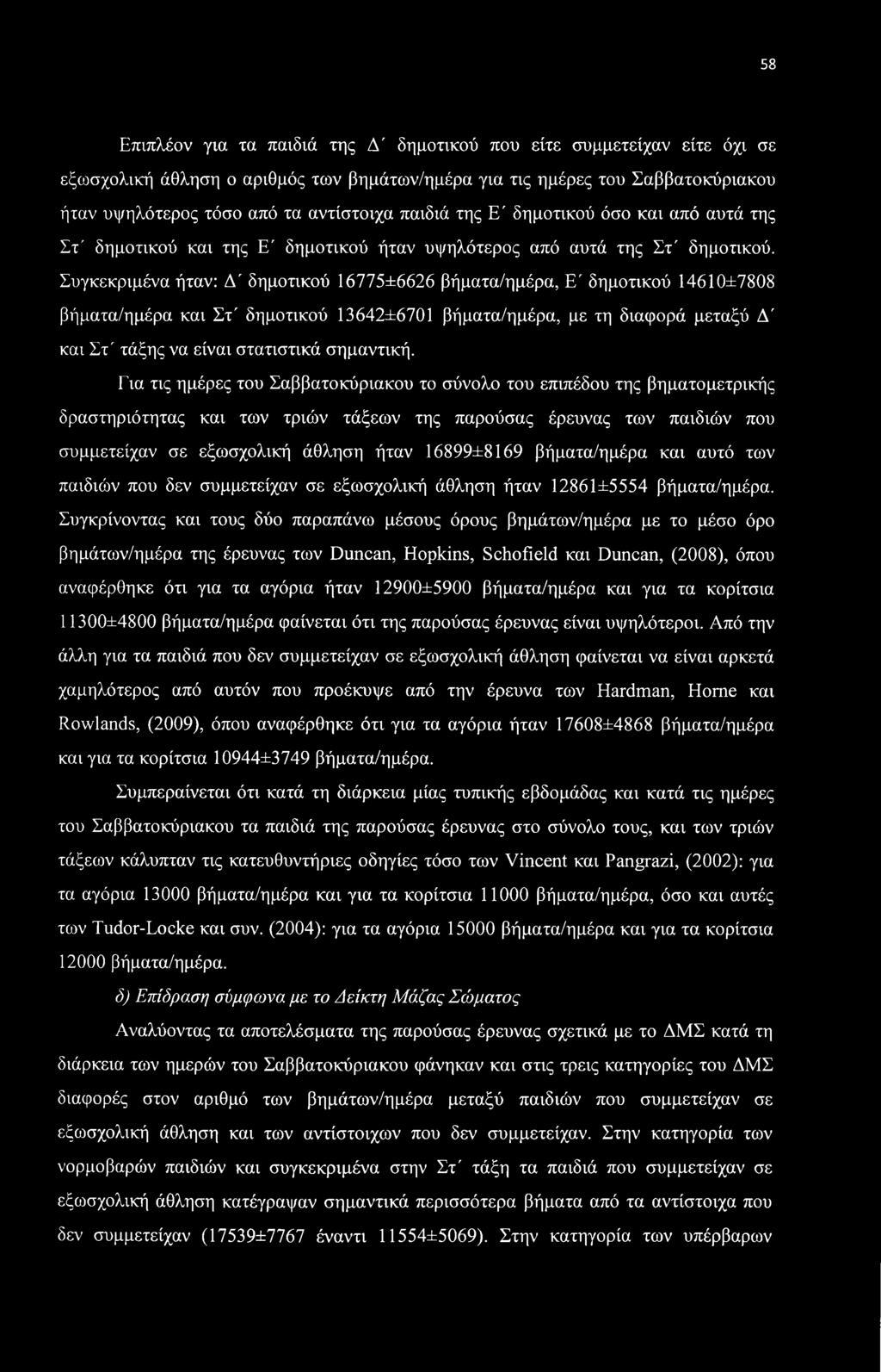 Συγκεκριμένα ήταν: Δ' δημοτικού 16775±6626 βήματα/ημέρα, Ε' δημοτικού 14610±7808 βήματα/ημέρα και Στ' δημοτικού 13642±6701 βήματα/ημέρα, με τη διαφορά μεταξύ Δ' και Στ' τάξης να είναι στατιστικά