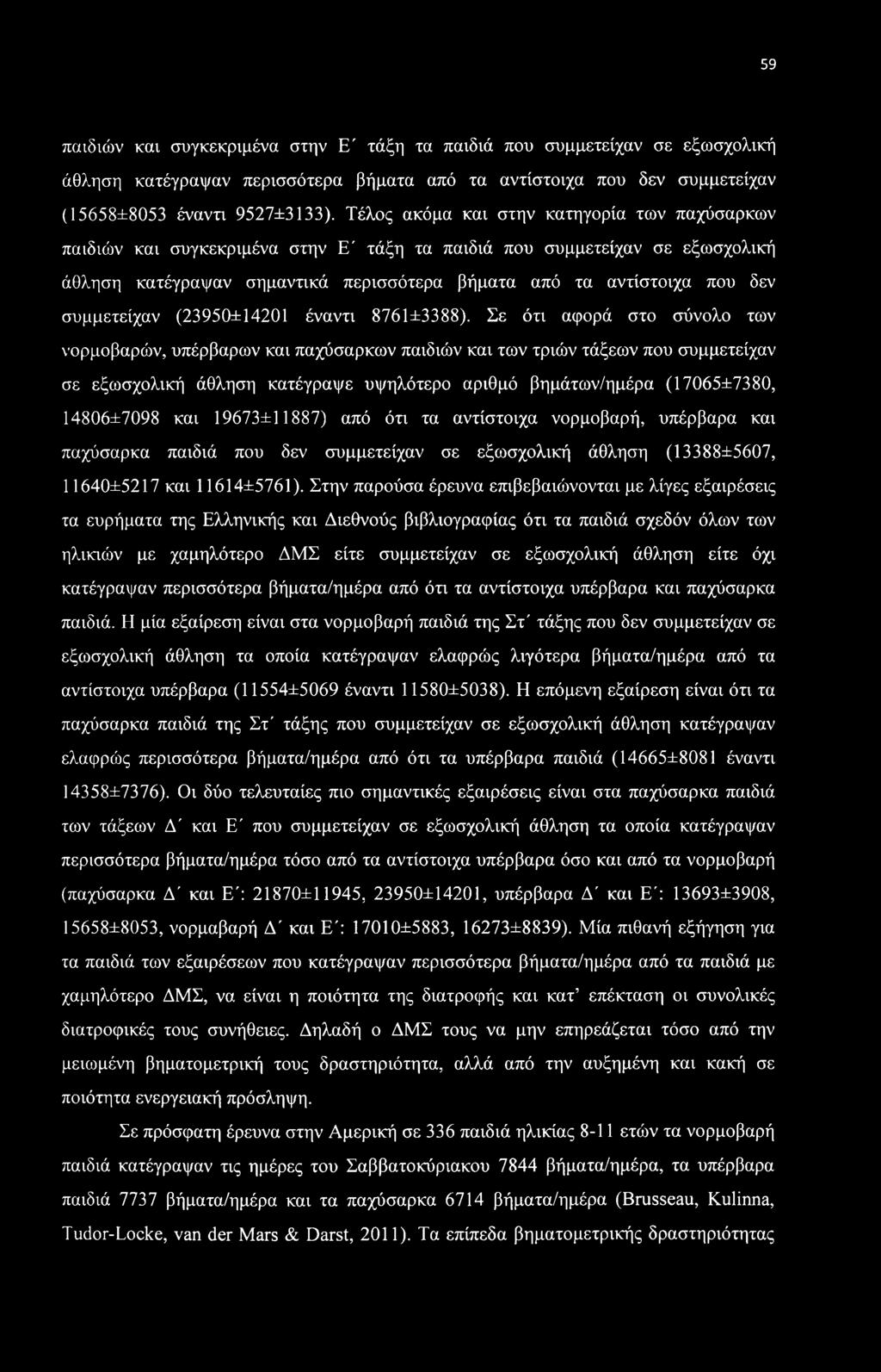 59 παιδιών και συγκεκριμένα στην Ε' τάξη τα παιδιά που συμμετείχαν σε εξωσχολική άθληση κατέγραψαν περισσότερα βήματα από τα αντίστοιχα που δεν συμμετείχαν (15658±8053 έναντι 9527±3133).