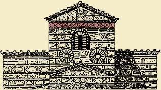 Zbukurim qëramoplastik (opus reticulatum) i përbere nga katrore njëri pas tjetrit ose pllaka në forme rombe. Kostur, ana lindore e kishes së Shën Stëfanit.