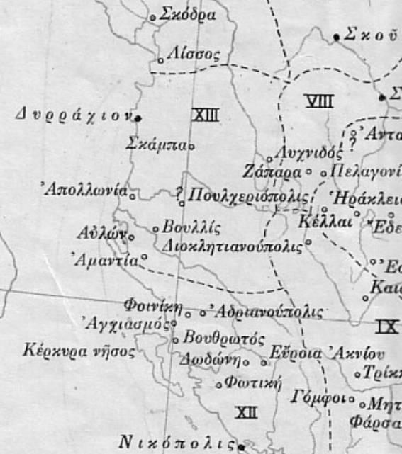 Fig. 7.Harta sipas Synekdemos e Heroklis.Dallohet njësia XIII me kryeqytet Dyrrakion dhe qytetet nën juridiksionin e tij: Skampa, Apollonia, Byllis, Poulheroupolis, Amantia, Aulona.