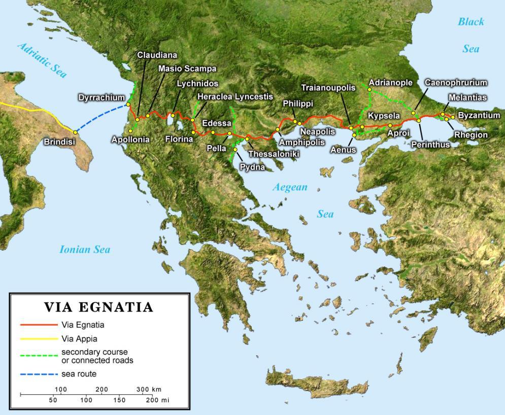 Fig.6. Via Egnatia, dy deget e saj (burimi, Google books) Gjatësia e përgjithshme e vijës kufitare është 121.3 km. Nga këta, 52.4 janë kufij tokësorë, 61.8 kufij detarë, 7.1 janë kufij lumorë.