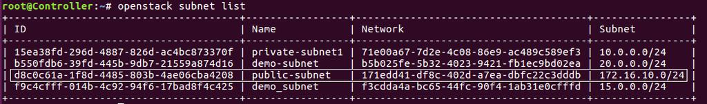 0/24 --name public-subnet --allocation-pool start=172.16.10.100,end=172.16.10.125 --disable-dhcp --gateway 172.16.10.1 --dns-nameserver 8.