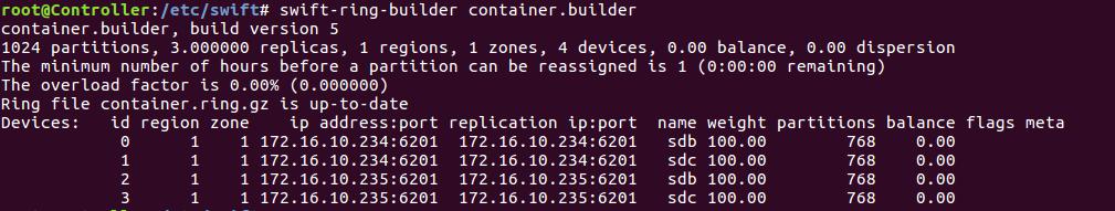 builder create 10 3 1 root@controller:~# swift-ring-builder /etc/swift/container.builder add r1z1-172.16.10.234:6201/sdb 100 root@controller:~# swift-ring-builder /etc/swift/container.