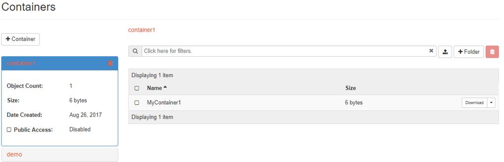 Περιεχόμενο container1 και demo root@controller:~# openstack object list container1 root@controller:~# openstack object list demo Download test file -testfile1 και testfile2-