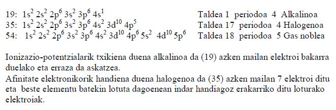 31. (07 Uztaila) hiru elementuk 19, 35 eta 54 atomo-zenbakiak dituzte. Arrazoizko eran adieraz itzazu: a) Haien konfigurazio elektronikoak b) Dauden sailkapen periodikoaren talde eta periodo.