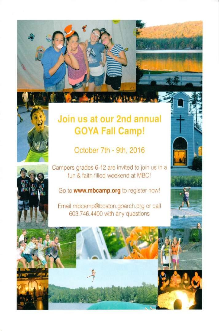 GOYA FALL CAMP WEEKDAY SERVICES KAQHMERINES IERES AKOLOUQIES St. Kleopatra Wednesday, October 19 8:00 a.m. Orthros 9:00 a.m. Divine Liturgy St.