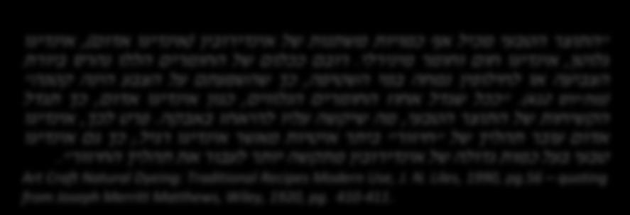 להלן מתאר את אחוז כל חומר וחומר במיני הצבעים השונים האינדיגו המופק ממורקס )ארגמון קהה-קוצים(, שני סוגי האינדיגו הצמחיים )קלא אילן( איסטיס הצבעים וניל, והדיונון )דג דמוי-תמנון, אותו זיהה האדמו"ר