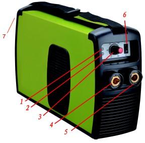 Modelele: MMA 180PI, MMA 200PI, MMA 250PI 1. Led indicator putere 2. Led indicator anomalii 3. Buton de reglare curent 4. Bornă de ieşire pozitivă 5. Bornă de ieşire negaivă 6.