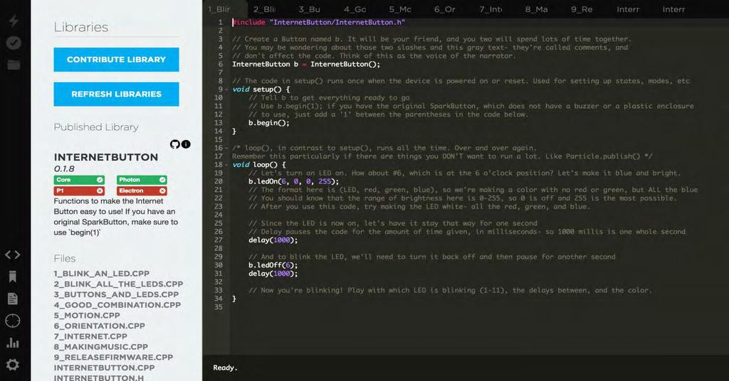 Εικόνα 5.16:Γραφικό περιβάλλον Particle Web IDE Αποφυγή περίπλοκων ρυθμίσεων Η εγκατάσταση του Web IDE είναι εύκολη - απλώς συνδεόμαστε στο λογαριασμό μας στο Particle από το πρόγραμμα περιήγησής μας.