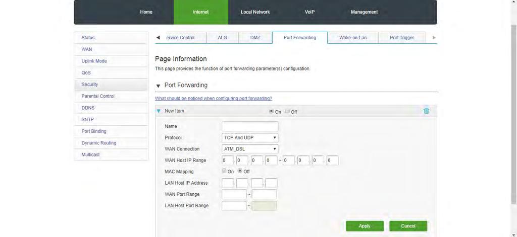 17. Εικόνα 5.45:Port Forwarding Γράφουμε τα παρακάτω: Name: raspberry pi WAN Connection: PTM_DSL LAN Host IP Address: IP του Pi (π.χ.192.168.1.9) WAN Port Range: 1 65000 LAN Host Port Range: 1 65000 Τα υπόλοιπα πεδία τα αφήνουμε όπως είναι και πατάμε «Apply».
