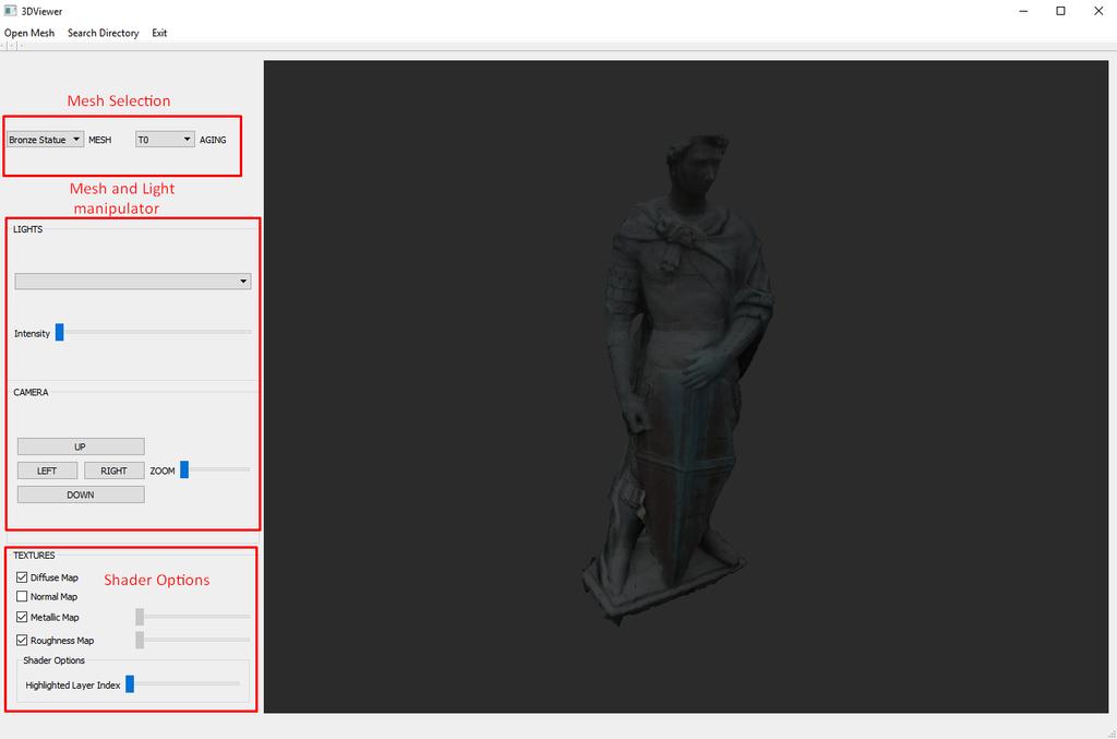 Figure 4.1: Main Panel of our tool and its components As seen in Fig. 4.1, our tool has two distinct components, the general options panel and the OpenGL window where the rendering result is shown.