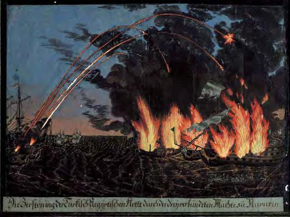 101 Die Zerstörŭng der Türkisch-Aegÿptischen Flotte dŭrch die dreÿverbündeten Mächte zŭ Navarin (β τέταρτο 19ου αιώνα) υδατογραφία και collage σε χαρτί, ο τίτλος κάτω, 31,5 x 42 cm. 2.000-3.