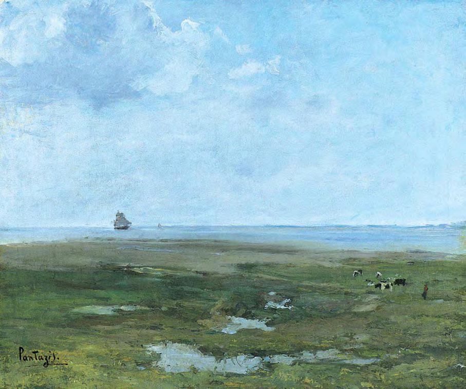 5 Περικλής Πανταζής (1849-1884) Λιβάδι δίπλα στη θάλασσα υπογεγραμμένο κάτω αριστερά: Pantazis λάδι σε μουσαμά, 46,5 x 56 cm. 15.000-20.