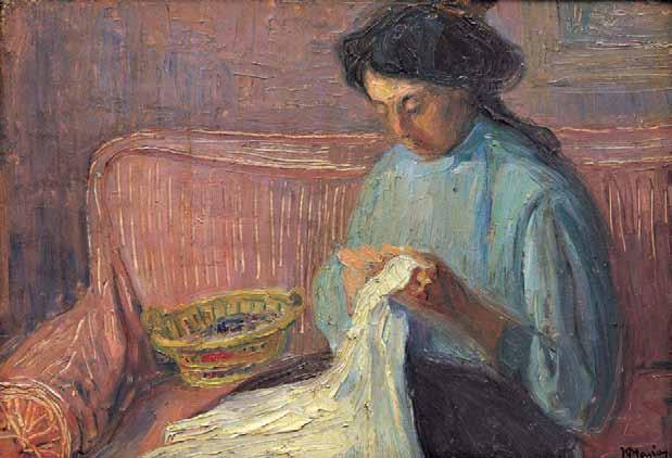 29 Κωνσταντίνος Μαλέας (1879-1928) Η κεντώσα (Το εργόχειρο) [1909-10] υπογεγραμμένο κάτω δεξιά: Κ. Μαλέας λάδι σε χαρτόνι, 28 x 41 cm. 8.000-12.