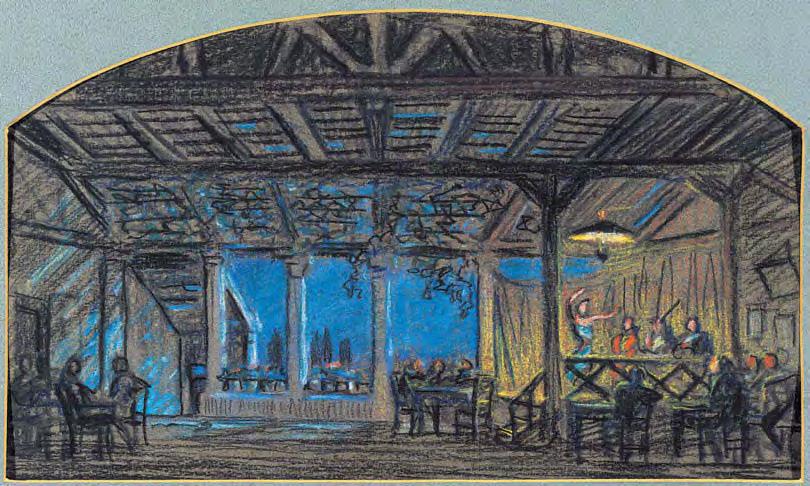 33 Πάνος Αραβαντινός (1884-1930) Μακέτα σκηνικού για τη β πράξη της όπερας Carmen του G. Bizet («Το χάνι με το χορό της Carmen») [1922] κραγιόνια και κάρβουνο σε χαρτί, 20 x 33,5 cm. 1.500-2.