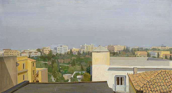 53 Γιώργος Μανουσάκης (1914-2003) Άποψη της Αθήνας από το Μετς υπογεγραμμένο και χρονολογημένο κάτω δεξιά: Γ.