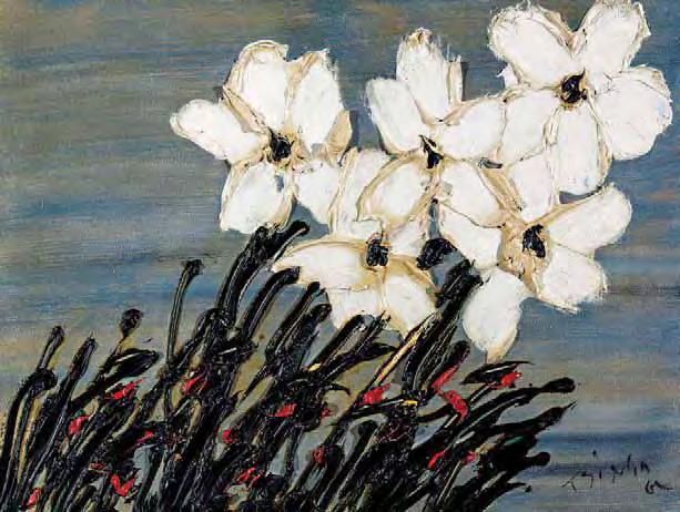 55 Θανάσης Τσίγκος (1914-1965) Λευκά λουλούδια σε γκρι φόντο υπογεγραμμένο και χρονολογημένο
