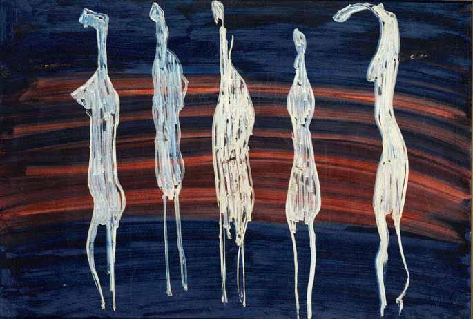 56 Θανάσης Τσίγκος (1914-1965) Άσπρες φιγούρες σε μαυροκόκκινο φόντο [1961] υπογεγραμμένο κάτω δεξιά: TSINGOS λάδι σε μουσαμά, 90 x 130 cm. 8.000-12.