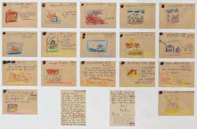 73 Αλέξης Ακριθάκης (1939-1994) Valises 17 σχέδια με σημειώσεις και μια δισέλιδη επιστολή προς τον Αλέξανδρο Ιόλα, τα σχέδια κραγιόνια και μαρκαδόρος, 14,5 x 20,5 cm.