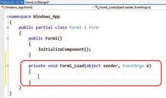 شکل ٢٥ ٥ دستورات اضافه شده در اثر دو بار کلیک بر روی فرم کار در کارگاه 1: جابه جایی پنجره ها در VS ١ برنامه VS را اجرا کنید و یک پروژه Windows Forms Application ایجاد