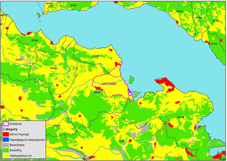 Σχήµα 5-9: Χρήσεις γης στις υπολεκάνες που επηρεάζουν το ΥΥΣ GR0700080 (CORINE 2001) Από τις εκτιµήσεις των παραγόµενων φορτίων αζώτου και των φορτίων που καταλήγουν στα υπόγεια ύδατα προέκυψε ότι το