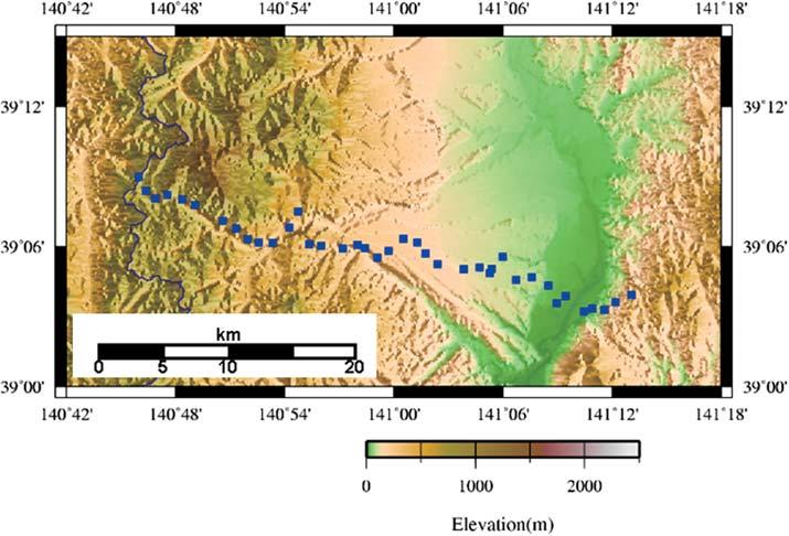 MEMS Fig. +1. Location map of the dense seismic array observation in Mizusawa district, northern Honshu, Japan. Small square dots show the observation stations. A B B MEMS.*.* km *. 2 +.