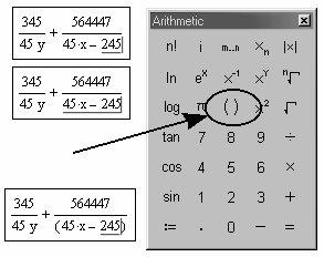 43 Lucrul cu structuri matematice utilizarea adecvată a tastei Insert). În acest moment se introduce de la tastatură numele funcţiei al cărei argument va deveni expresia marcată.