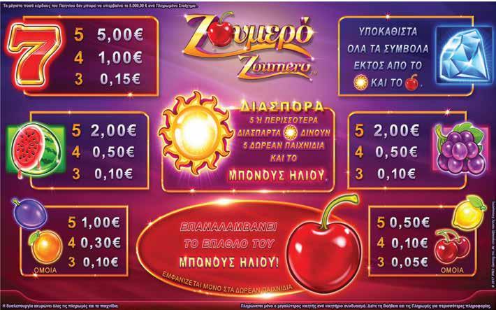 4.8.3 ΖΟΥΜΕΡΟ / ΠΙΝΑΚΑΣ ΠΛΗΡΩΜΩΝ / ΑΠΟΔΟΣΕΩΝ Το κέρδος δεν μπορεί να υπερβεί τα 5.000œ ανά αγορασμένο παιχνίδι σύμφωνα με τον σχετικό κανονισμό της Ε.Ε.Ε.Π. Αν φτάσετε το όριο το αγορασμένο παιχνίδι τελειώνει αμέσως.