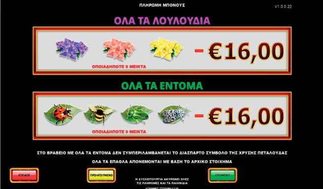 5.3.3 GOLDEN BUTTERFLY / ΠΙΝΑΚΑΣ ΠΛΗΡΩΜΩΝ/ΑΠΟΔΟΣΕΩΝ Στο βραβείο με όλα τα έντομα δεν