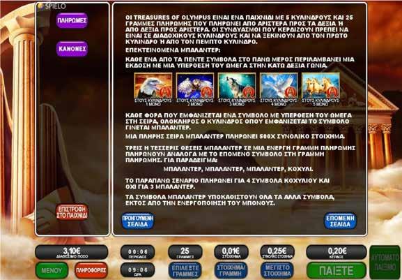 2.7.2 TREASURES OF OLYMPUS / ΚΑΝΟΝΕΣ ΠΑΙΧΝΙΔΙΟΥ Κάθε ένα από τα πέντε σύμβολα στο πάνω μέρος περιλαμβάνει μια έκδοση με μια υπέρθεση του ÇΩμέγαÈ στην κάτω δεξιά γωνία.