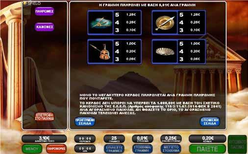 2.7.3 TREASURES OF OLYMPUS / ΠΙΝΑΚΑΣ ΠΛΗΡΩΜΩΝ / ΑΠΟΔΟΣΕΩΝ Μόνο το μεγαλύτερο κέρδος πληρώνεται ανά γραμμή πληρωμής που ποντάρετε. Το κέρδος δεν μπορεί να υπερβεί τα 5.