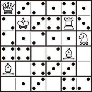 9. ШАХОВСКЕ ДОМИНЕ На шаховску таблу поставите комплетан сет домина 0-6 (приказан на слици) и осам шаховских фигура: краља (K), даму (Q), два топа (R), два скакача (N) и два разнобојна ловца (B),