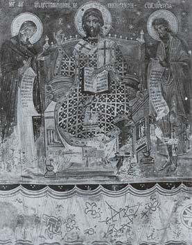 , Άγιος Θείας Λειτουργίας 5 και στη συνέχεια απαντά ένθρονος σε Νικόλαος Ορφανός Θεσσαλονίκης τοιχογραφίες της εήσεως, όπως στο ναό του Αγίου Αθανασίου του Μουζάκη στην Καστοριά (1385) (εικ.