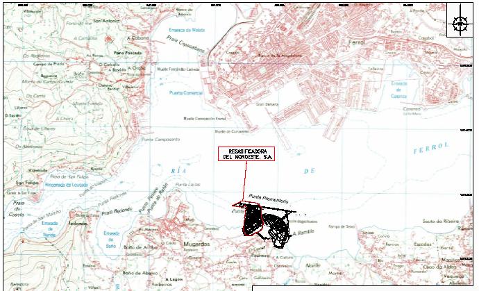 . CONSELLERÍA DE PRESIDENCIA, Localización da planta respecto a elementos notables, naturais (ríos ou lagos) e obras humanas: As instalacións de REGANOSA atopan a 20 km, en liña recta, ao.