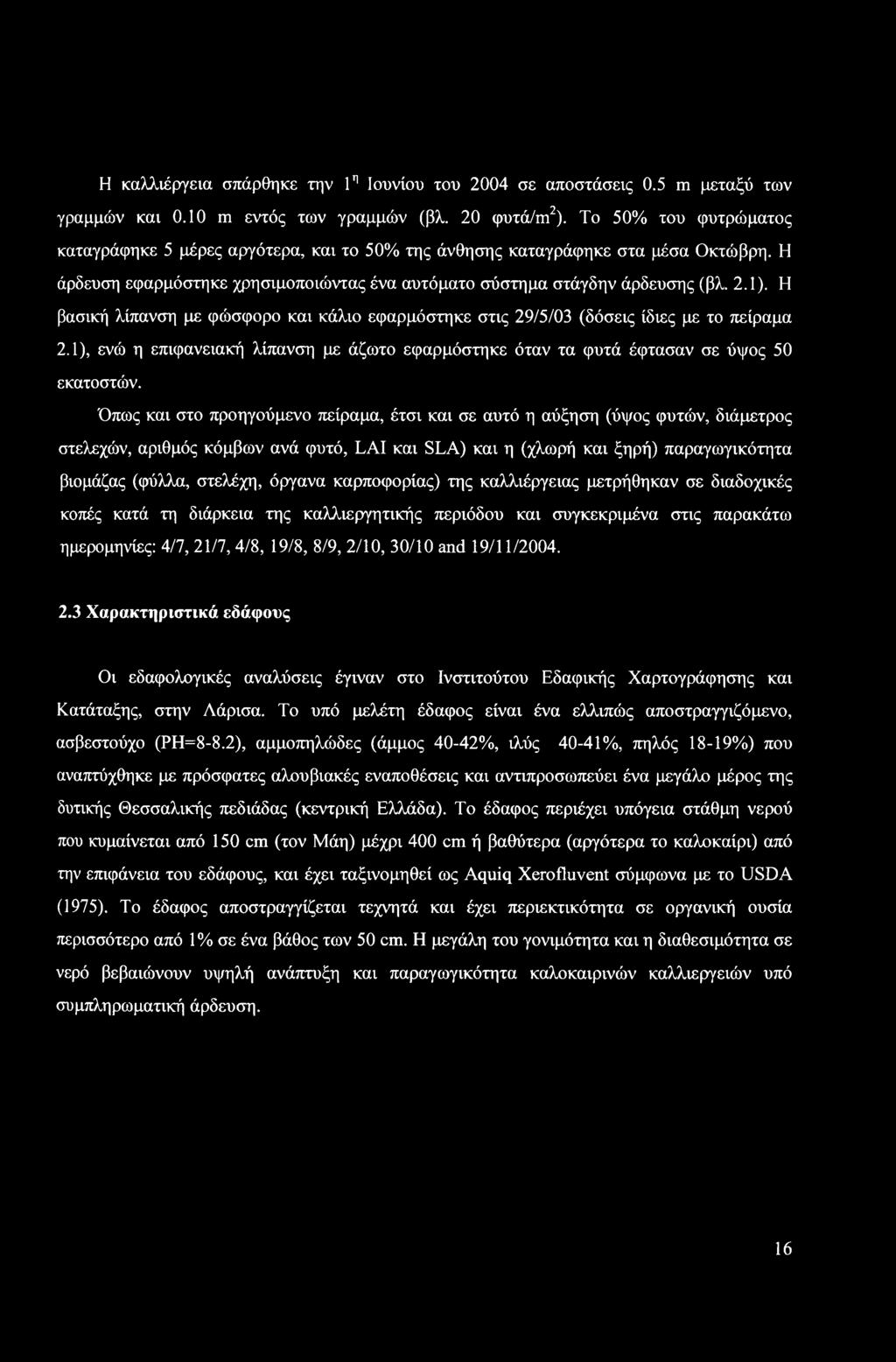 Η βασική λίπανση με φώσφορο και κάλιο εφαρμόστηκε στις 29/5/03 (δόσεις ίδιες με το πείραμα 2.1), ενώ η επιφανειακή λίπανση με άζωτο εφαρμόστηκε όταν τα φυτά έφτασαν σε ύψος 50 εκατοστών.