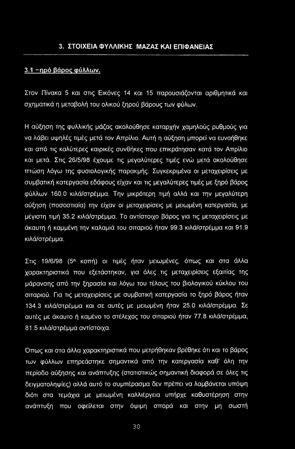 3. ΣΤΟΙΧΕΙΑ ΦΥΛΛΙΚΗΣ ΜΑΖΑΣ ΚΑΙ ΕΠΙΦΑΝΕΙΑΣ 3.1 -ηρό βάρος φύλλων. Στον Πίνακα 5 και στις Εικόνες 14 και 15 παρουσιάζονται αριθμητικά και σχηματικά η μεταβολή του ολικού ξηρού βάρους των φύλων.