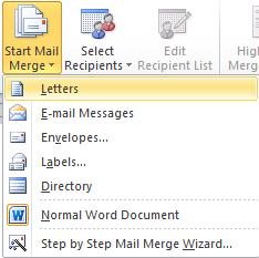 Βήμα 1 ο Start Mail Merge: Επιλέγουμε το είδος του κύριου εγγράφου (συνήθως Letters).