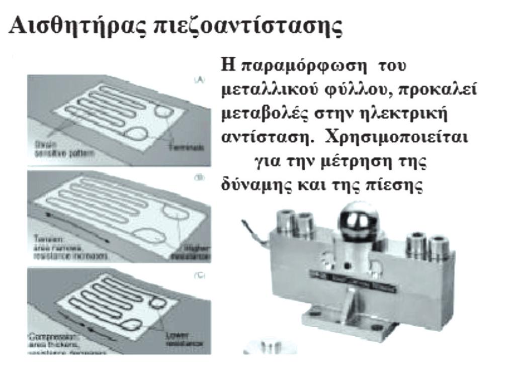 Εικόνα 17 Αισθητήρας πιεζοαντίστασης Πιεζοηλεκτρικοί αισθητήρες πίεσης Όταν συμπιέζεται ή εφελκύεται ένας κρύσταλλος, μετατοπίζονται οι θέσεις των θετικών και