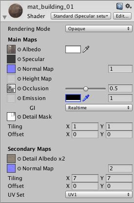 Physically Based Shading (PBS) Unity Standard Shader Diffus, Specular, Bumped Specular, Reflecsve Rendering mode. Albedo Color.