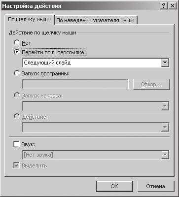 7.6-сурет. Әрекетті Баптау терезесі PowerPoint көзқарасы бойынша бейнематериалдар бұл график немесе дыбыс сияқты ақпарат нысандары.