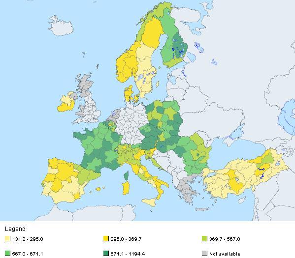 Fig. 86. Paturi disponibile în spitale la 100.000 locuitori pe regiuni NUTS 2 în anul 2010, după Eurostat http://epp.eurostat.ec.europa.eu/tgm/maptoolclosed.do?