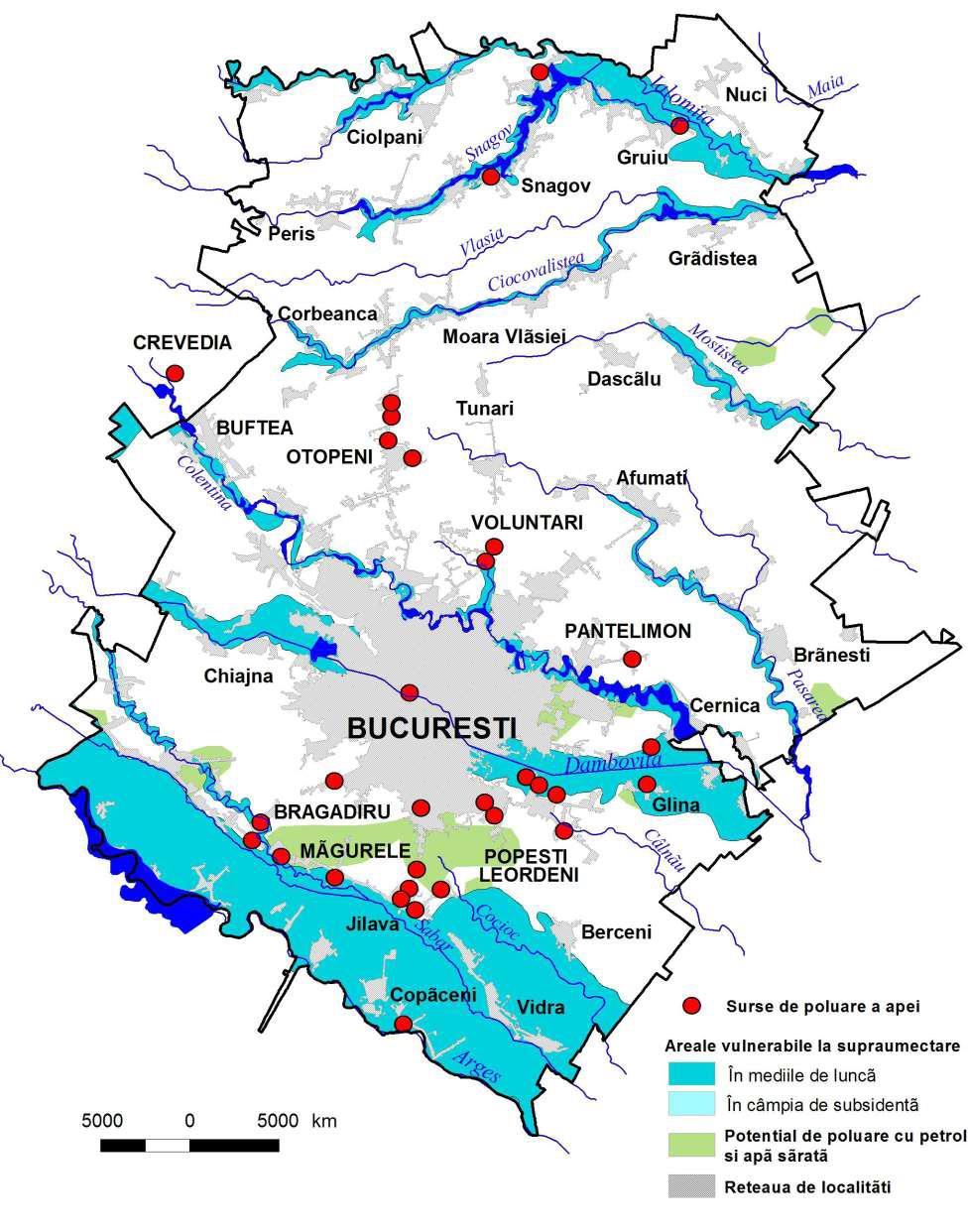 Fig. 94. Riscuri tehnologice de poluare a apei, în regiunea Bucureşti Ilfov. Sursa: PAAR Ilfov 2011, Anexa 22 Harţi pe tipuri de risc F.