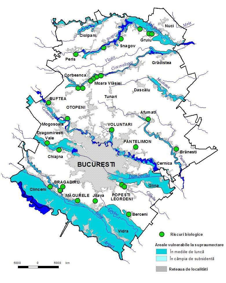 Fig. 95. Riscuri biologice de poluare a apei în regiunea Bucureşti Ilfov. Sursa: PAAR Ilfov 2011, Anexa 22 Harţi pe tipuri de risc IV.