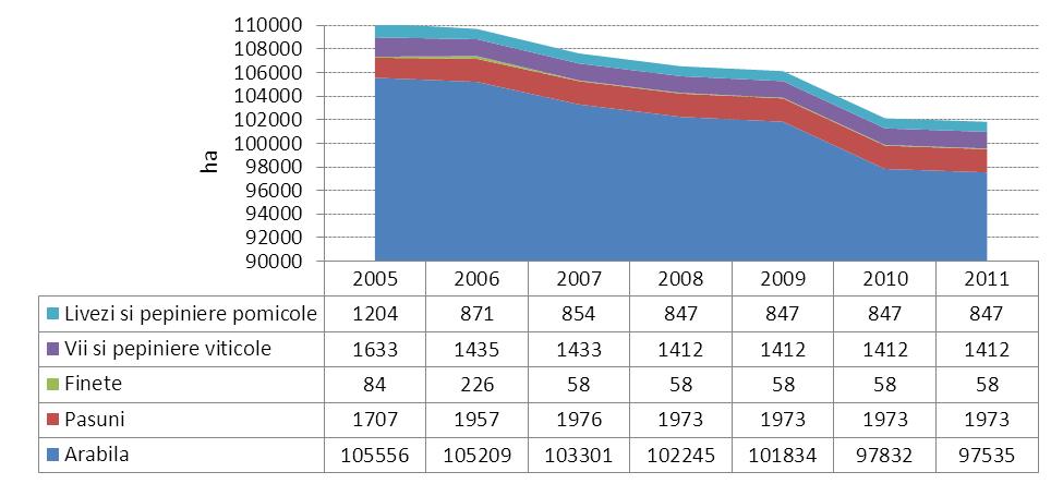 In cazul judeţului Ilfov în perioada 2005-2011 scăderea a fost tot de 6%, suprafaţa agricolă raportată la suprafaţa totală a judeţului atingând în anul 2011 un procent de 64% (o scădere cu cca.