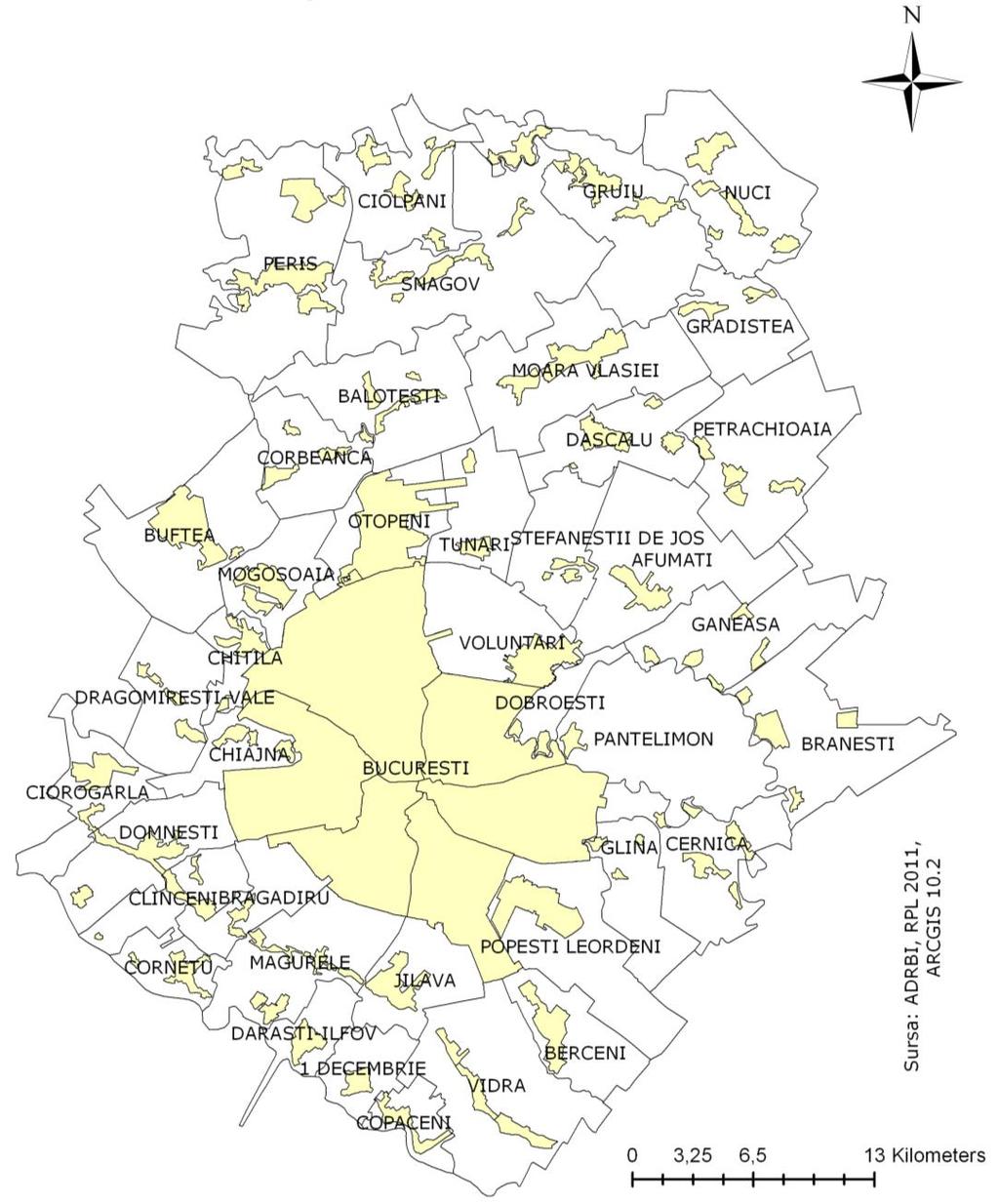 2.3. STRUCTURA SISTEMULUI DE AŞEZĂRI Reţeaua de localităţi a Regiunii Bucureşti-Ilfov era constituită în anul 2011 din 9 oraşe, 32 comune şi 91 sate.
