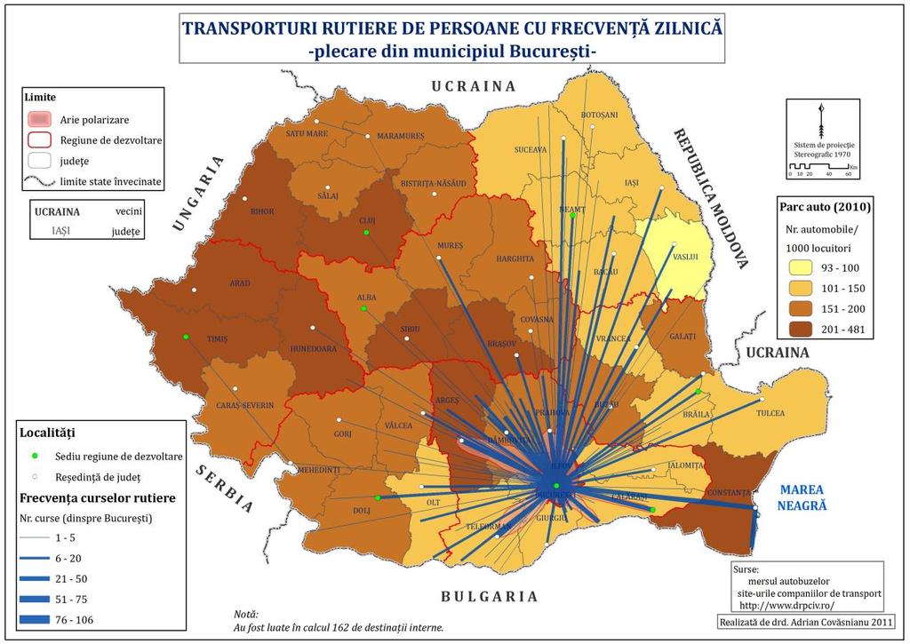 Fig. 49. Transporturi rutier de persoane cu frecvenţa zilnică de plecare din Bucureşti Sursa: Teza de doctorat Regiunile de dezvoltare în România Europeana.