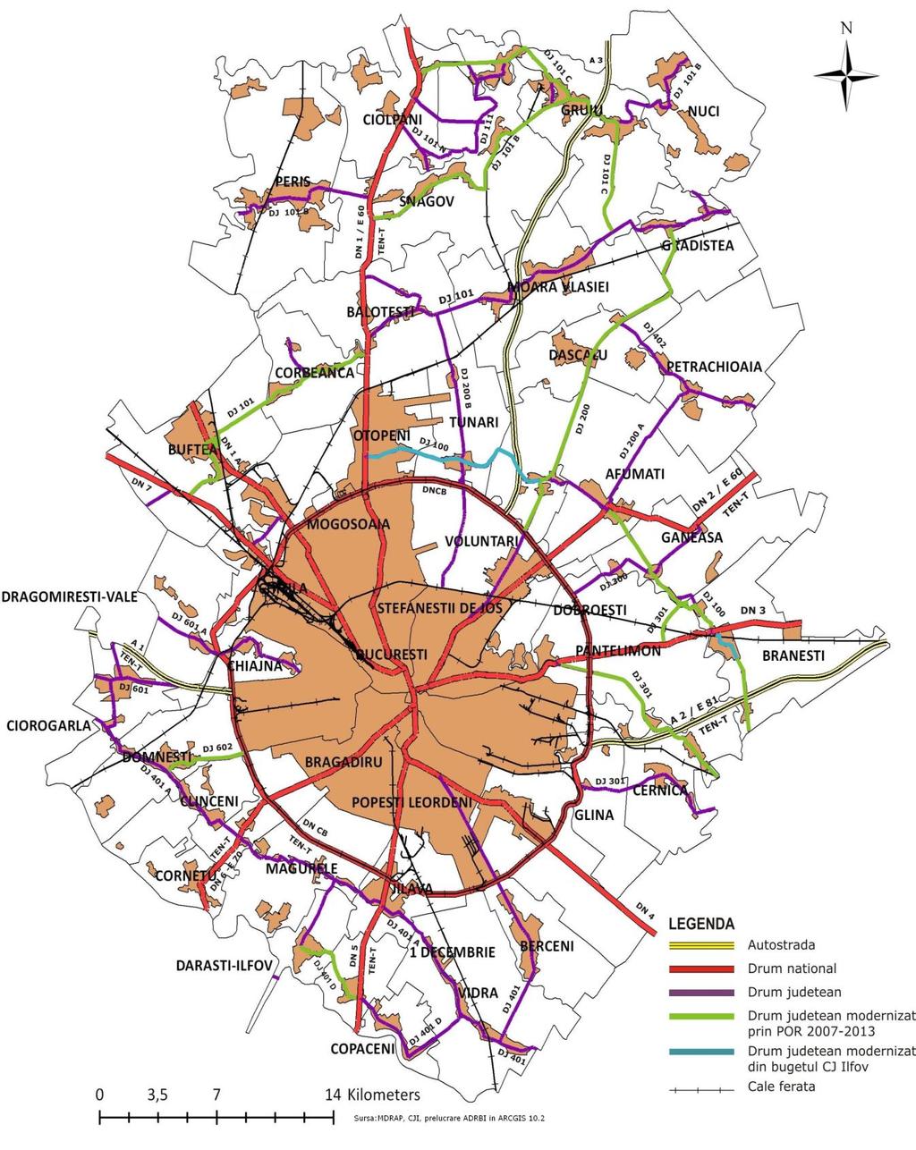 Fig. 58. Reţeaua de drumuri publice care străbat regiunea Bucureşti-Ilfov (autostrăzi, drumuri naţionale drumuri judeţene). Conectvitate secundara la reţeaua TEN-T.