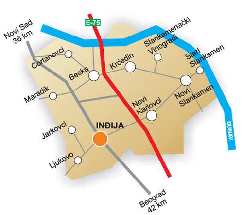 Инђија је смештена између главног града Републике Србије и главног града Аутономне Покрајине Војводине. Од Београда је удаљена 42 км, а од Новог Сада 35 км.