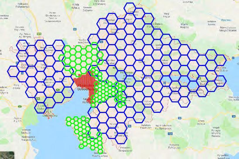 Εικόνα 5.18.: Κυτταρική σχεδίαση ολόκληρου του νομού Θεσσαλονίκης 5.9. ΣΥΜΠΕΡΑΣΜΑΤΑ Σε αυτό το κεφάλαιο παρουσιάστηκε η προσομοίωση ενός δικτύου GSM 900 το οποίο εφαρμόστηκε στο νομό Θεσσαλονίκης.