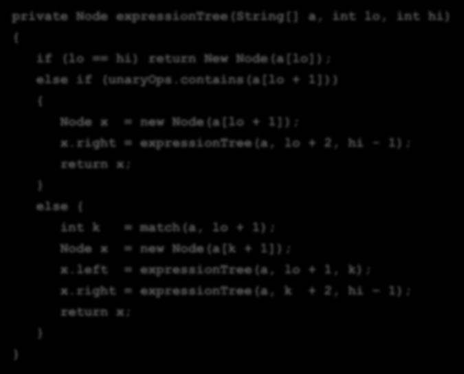 الگوریتم تبدیل عبارت کامال پرانتزی به درخت عبارت 63 privt No xprssiontr(strin[], int lo, int hi) i (lo == hi) rturn Nw No([lo]); ls i (unryops.